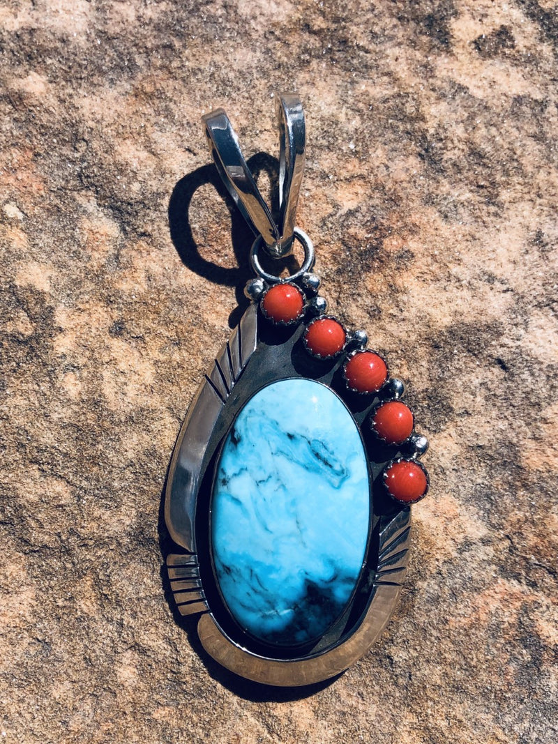 Kingman Turquoise and Coral Combination Pendant