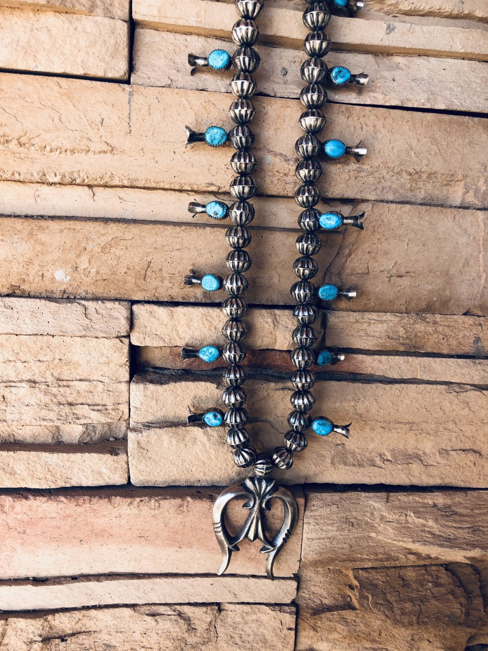 Unique Stamped Navajo Pearl with Kingman Turquoise Squash Blossom