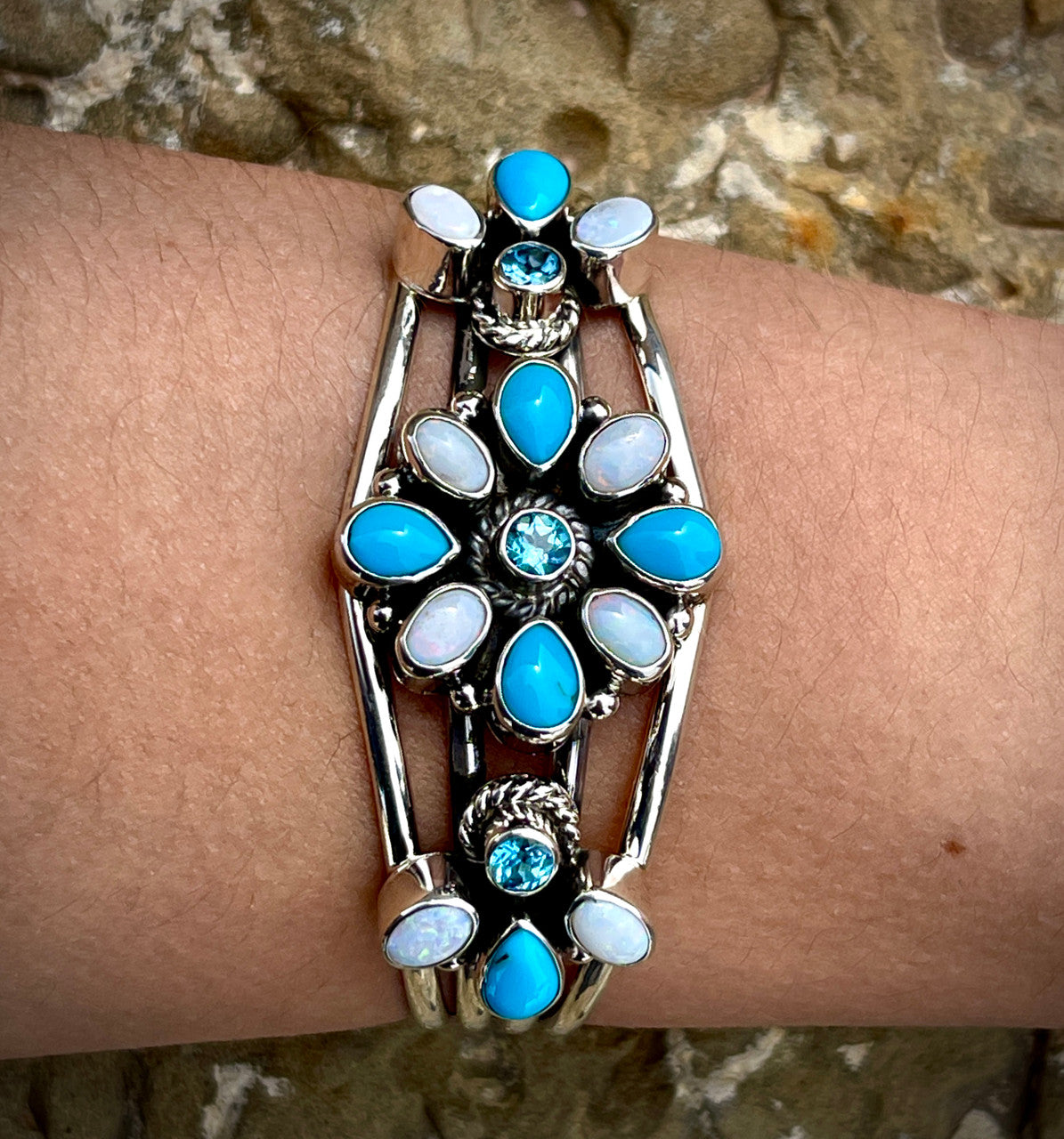 Sleeping  Beauty, Australian Opal, Swiss Blue Topaz Loretta Cluster Cuff