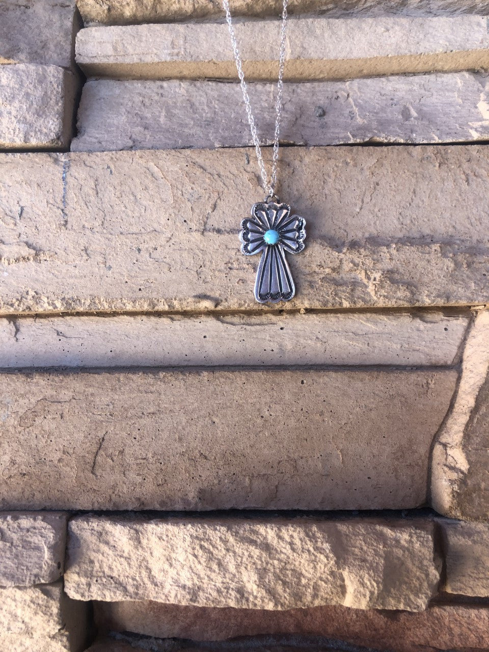 Stamped Cross Pendant with Sleeping Beauty Turquoise
