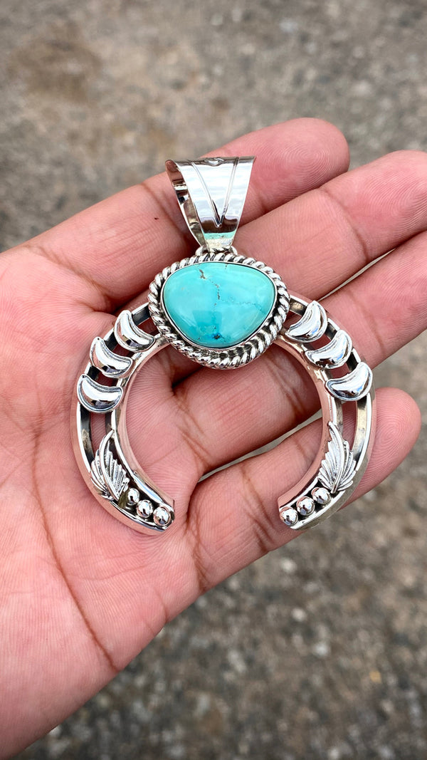 Hand Stamped Moon Nevada Turquoise Pendant Navajo Artist Emerson Delgarito