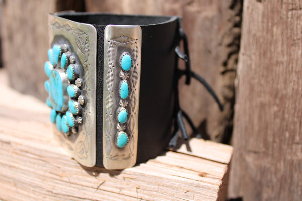 Chaco Canyon Sterling Silver-Black Leather Kingman Turquoise Bow Guards