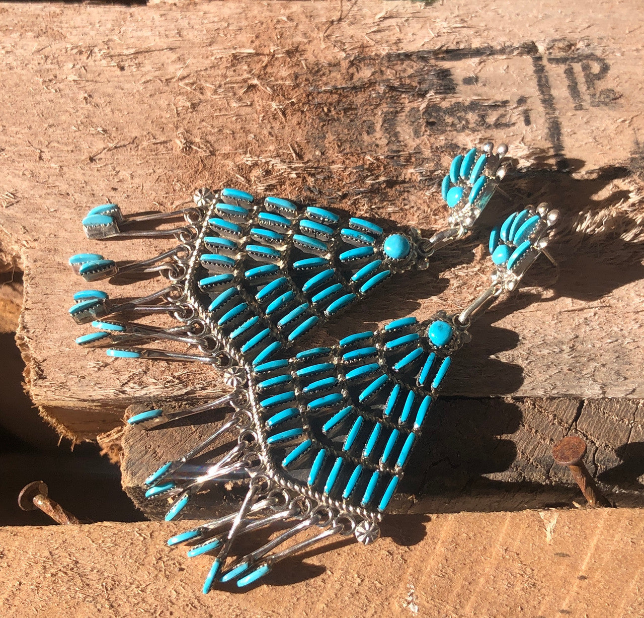 Zuni Sleeping Beauty Inlaid Chandelier Earrings Artist Bernadette Wyaco