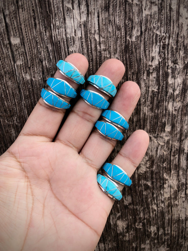 Zuni Artist Milton Canteena Sleeping Beauty Turquoise Inlaid Ring
