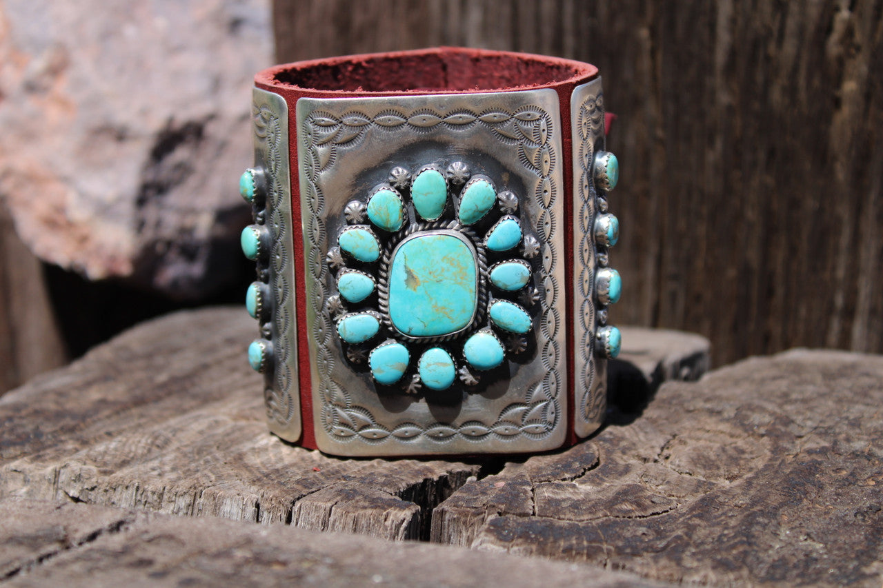 Chaco Canyon Sterling Silver Red leather Kingman Green Turquoise Bow Guard