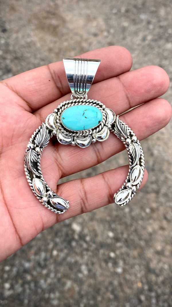 Hand Stamped Silver Nevada Turquoise Pendant Navajo Artist Emerson Delgarito