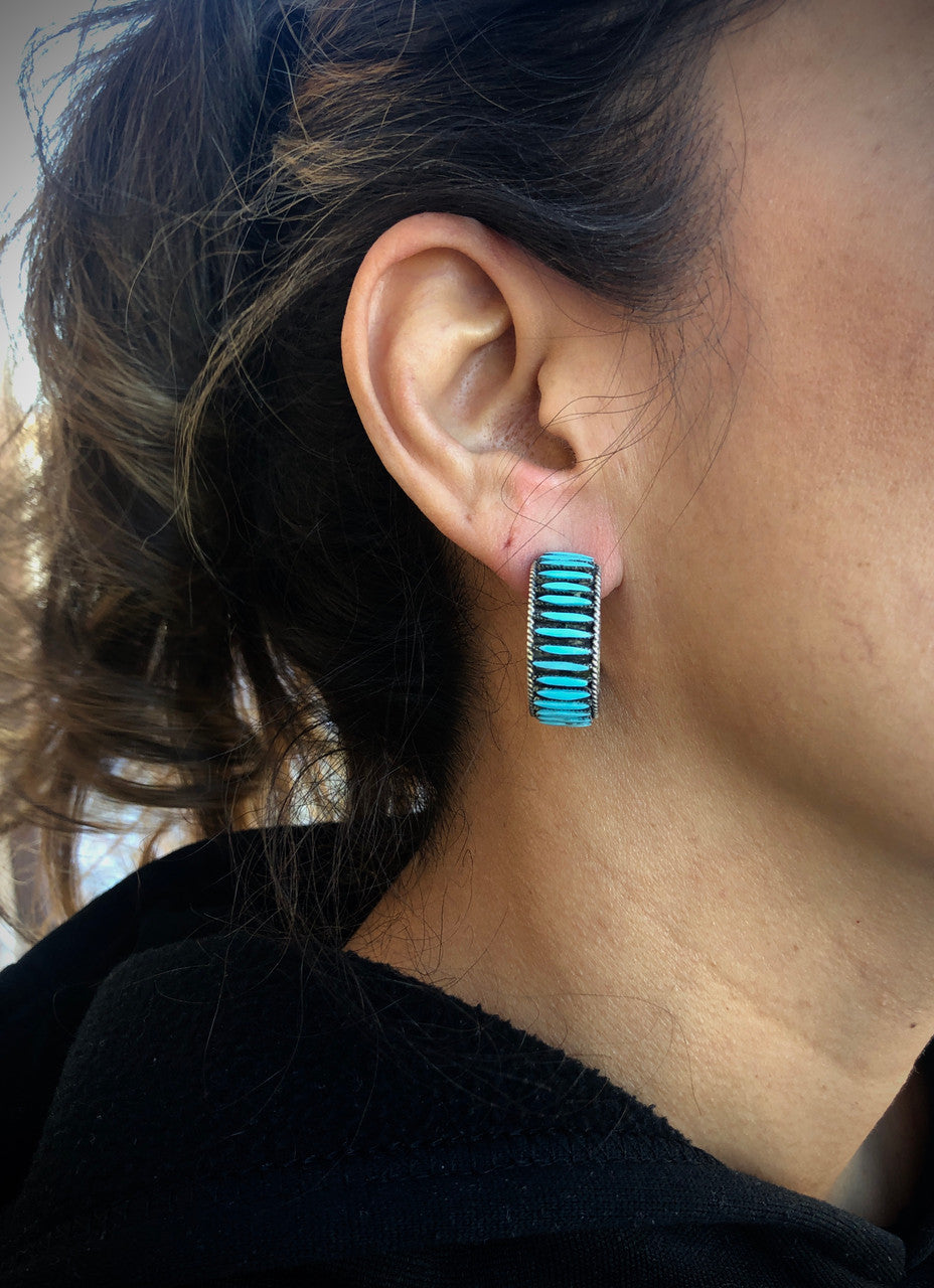 Zuni Sleeping Beauty Inlaid Needlepoint Earrings Artist Benard Perne